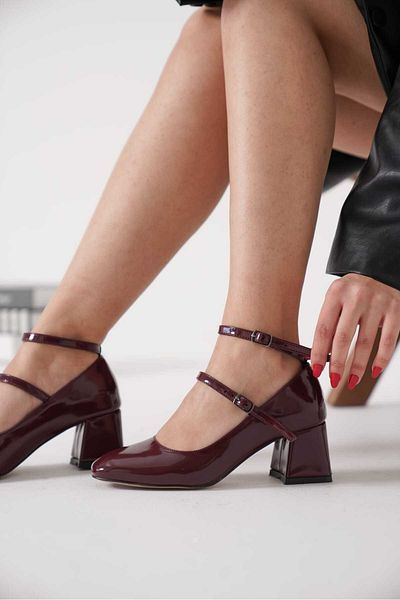 CİMİLİ SHOES Women's Kulia Burgundy Patent Leather Mary Jane Thick Heeled Banded Shoes