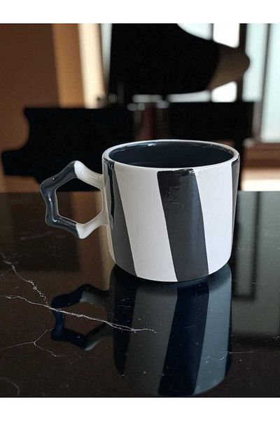 Simge Seramik Two Colors Natural Ceramic Mug Mug with Handcrafted Stripe Tea / Cappuccino Cup