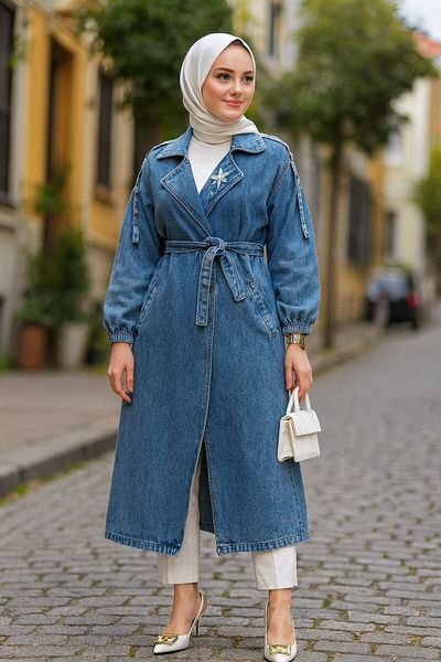 Neva Style Bead Embroidered Denim Blue Hijab Cap 6392m