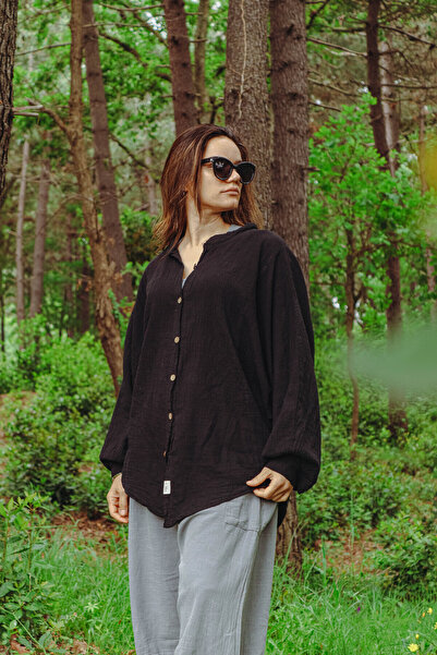 Oiki Oversize Siyah Bohem Kadın Gömlek – Pamuk Keten Karışımı, İnce Kumaş, Salaş ve Rahat Yazlık Tasarım