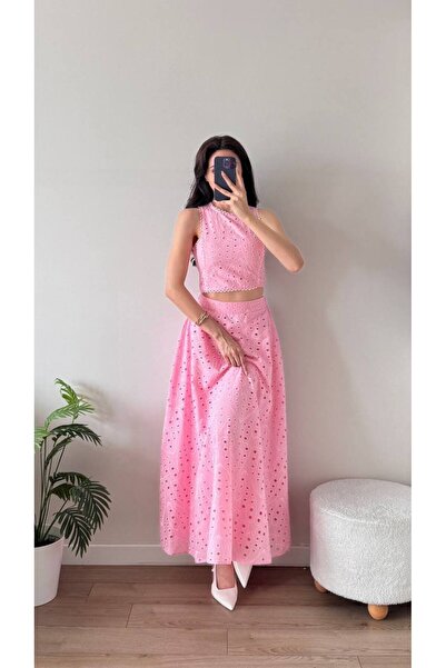 LOCH BUTİK Kadın Pembe Güpür Detaylı Etekli Takım