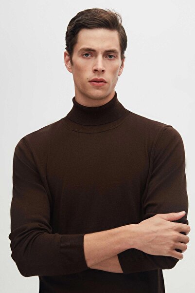 D'S Damat Πλεκτό πουλόβερ με ζιβάγκο - Καφέ, Βαμβακερό μείγμα, Κανονική Εφαρμογή