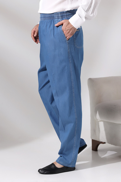 ihvan online Erkek Mavi Çınar Beli Lastikli Rahat Kesim Kot Şalvar Pantolon