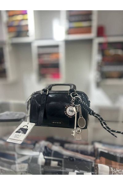 Levidor Black Patent Leather Handbag with Keychain Detail