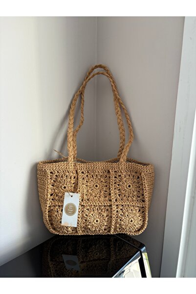 PeriStore Hasır Motifli El Örmesi Omuz Çantası 25x40cm Astarlı