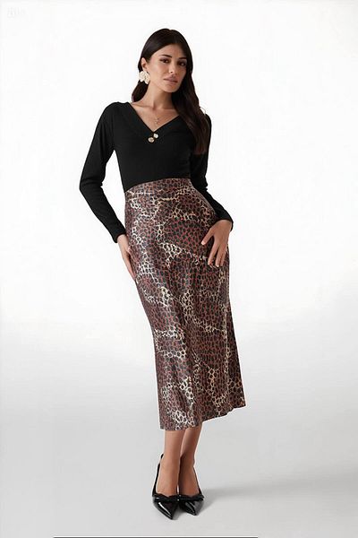 hazelin Women's Brown Leopard Patterned Satin Finished Elastic Waist Midi Length Skirt Hzl23s-bd1101471