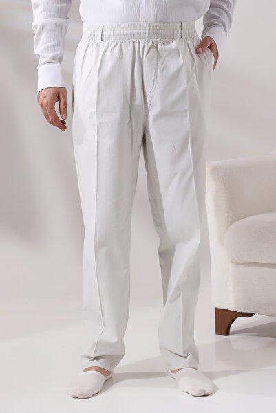 ihvan online Erkek Açık Gri Rahat Kesim Beli Lastikli Keten Hac ve Umre Şalvar Pantolon