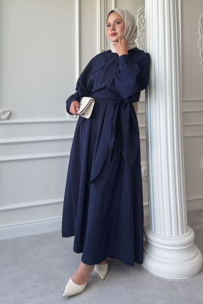 InStyle Double Pocket Balloon Sleeve Navy Blue Skirt Suit