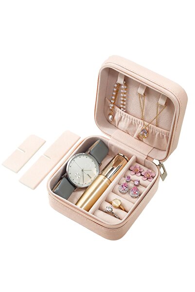 Chavin Pink Leather Travel Ring Earring Necklace Jewelry Box St1-64Pm