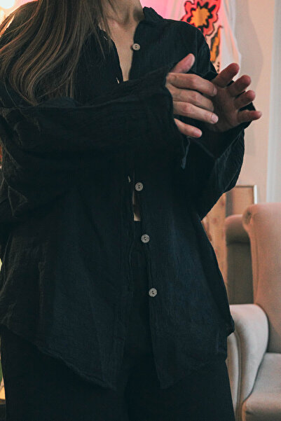 Oiki Oversize Siyah Bohem Kadın Gömlek – Pamuk Keten Karışımı, İnce Kumaş, Salaş ve Rahat Yazlık Tasarım