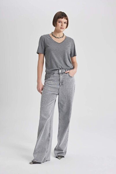 DeFacto Tricou negru cu mânecă scurtă de bază cu decolteu în V K5057AZ21SP