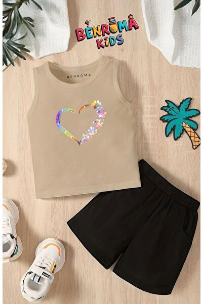 BENROMA RENKLİ PATİLİ KALP BASKILI ŞORT TİŞÖRT UNİSEX ÇOCUK TAKIMI