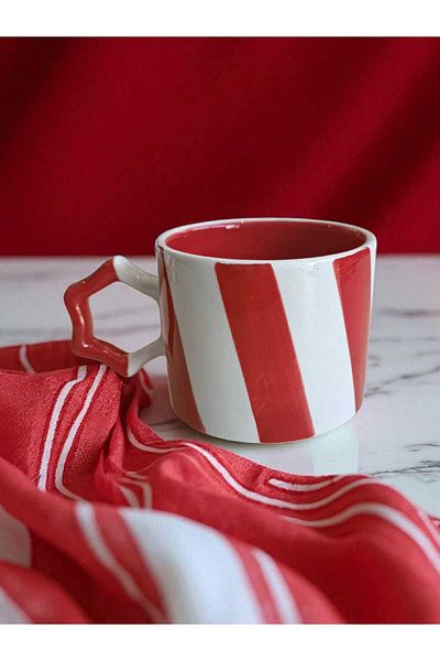Simge Seramik Two Colors Natural Ceramic Mug Mug with Handcrafted Stripe Tea / Cappuccino Cup