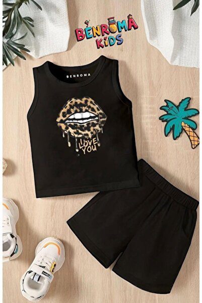 BENROMA Kratke hlače i majica sa leopard printom na usnama, unisex dečiji set