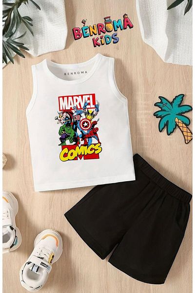 BENROMA Cartoon Character Printed Shorts Tee Unisex Children's Set