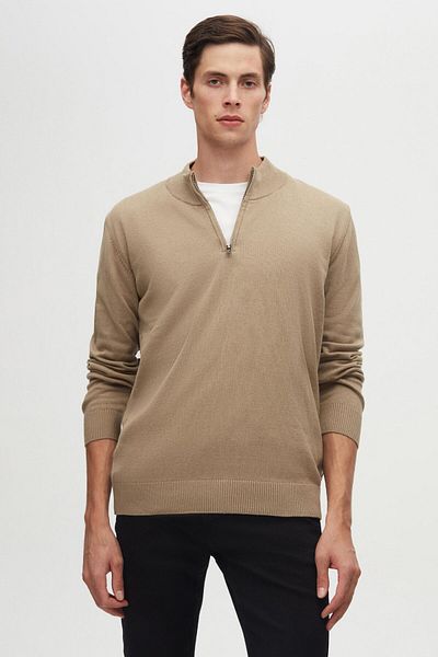 D'S Damat Ds Damat Slim Fit Beige Half Zipper Knitwear Sweater