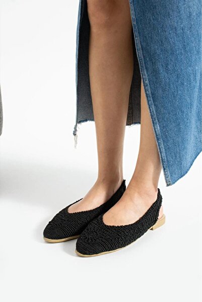 Büşra Sultan Ayakkabı & Çanta Kadın Siyah Dantel Detaylı Arkası Açık Rahat Örgü Nakışlı Hasır Babet
