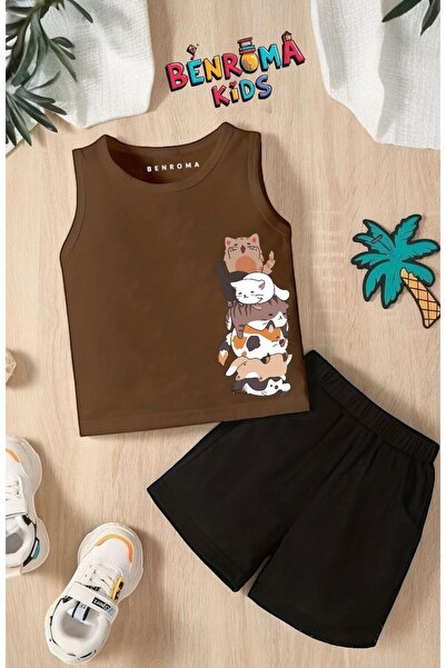 BENROMA Cats Overlap Printed Shorts Tee Unisex Children's Set