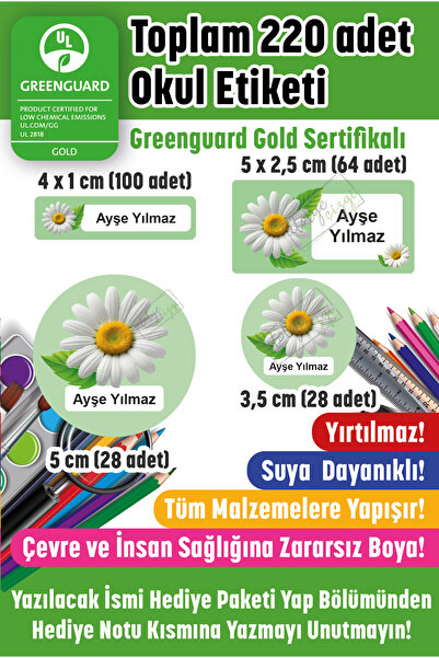 Atölye Çizgi Papatya Okul Etiketi Kalem Defter Etiketi İsme Özel