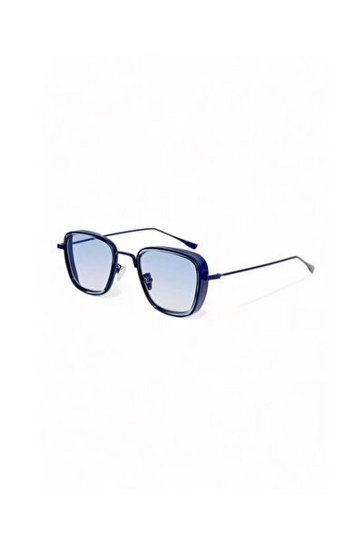REN EYEWEAR BLUE GLASSED METAL FRAME SQUARE LARGE SIZE SUNGLASSES UNISEX