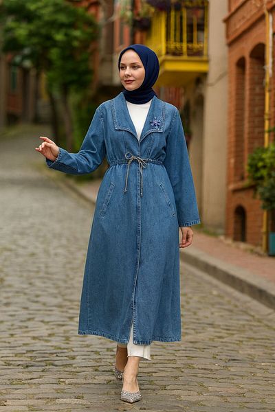 Neva Style Șapcă Hijab Brodat cu margele albastru închis - 6823KM