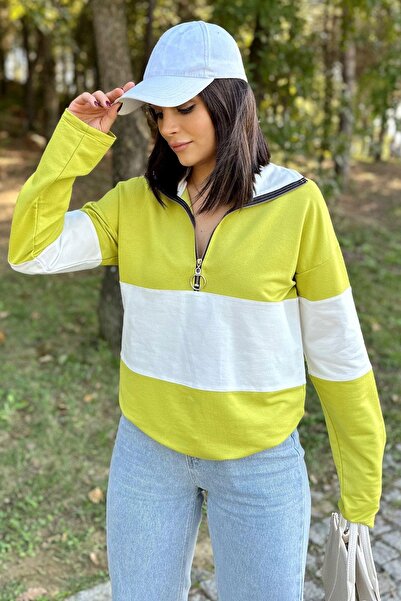 NEW LAVİVA Γυναικείο λαδί πράσινο μακρυμάνικο, γιακάς, φερμουάρ, μπλούζα φούτ...