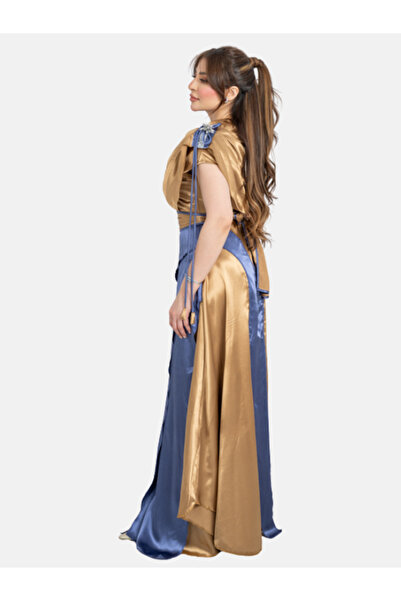 Nice Model Royal Gold Blue Satin Evening Gown Elegant Formal Dress Party Wear Designer Luxury Maxi Outfit