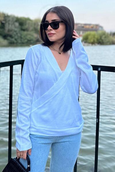 NEW LAVİVA Women's White Double Breasted Collar, Soft Texture, Long Sleeve, Knitwear Blouse