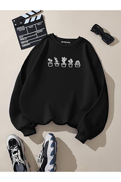 DM DOLCE MORE Hanorac oversize unisex cu decolteu rotund, cu 3 fire, din bumbac pieptănat, cu imprimeu cactus