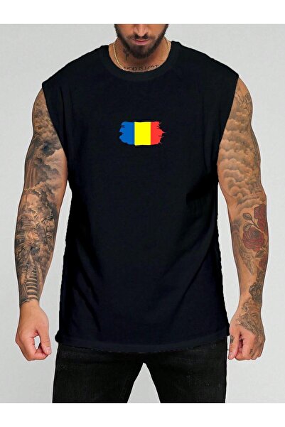 E-ROMA تي شيرت بدون أكمام مطبوع عليه علم رومانيا