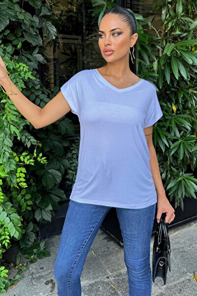 NEW LAVİVA White V-Neck - Short Sleeve Women's Blouse, Basic Model, Loose