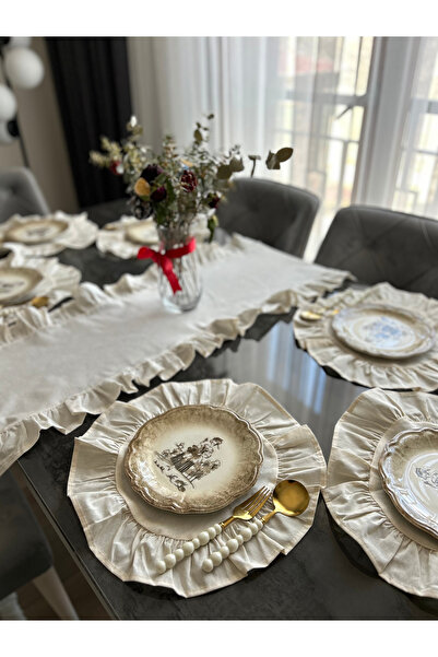 Morlay 5 Piece Ruffle Tableware Presentation Set 4 Pieces of American Service Plates + 1 Piece Ruffle Runner - 40X110 cm