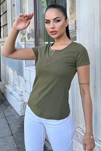 NEW LAVİVA Women's Khaki Blouse - Short Sleeve, Zipper Collar, Ribbed Fabric, Comfortable T-Shirt