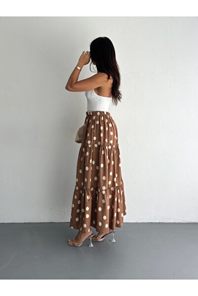 YUSUF CAN KARATAŞ KARATAŞ GİYİM Fusta lungă din țesătură de in pliată pentru femei, cu buline, cu talie elastică, lungime 100 cm