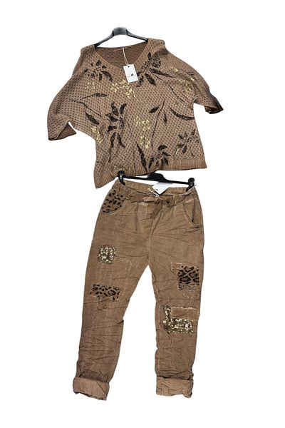 AGORATEKSTİL Women's Italian Gilded Mercerized and Full Lycra Sequin Leopard Detailed Trousers