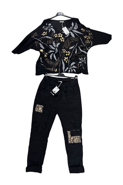 AGORATEKSTİL Women's Italian Gilded Mercerized and Full Lycra Sequin Leopard Detailed Trousers