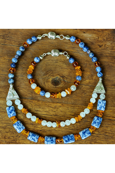 Asteria Elite Amber Sodalite Smoky Agate Energy, Logic and Mental Clarity Necklace Bracelet Set