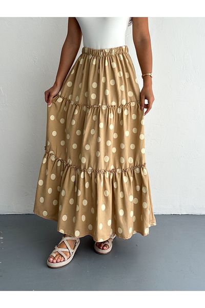 YUSUF CAN KARATAŞ KARATAŞ GİYİM Women's Polka Dot Elastic Waist Full Mold Pleated Linen Fabric Long Skirt Length 100 cm