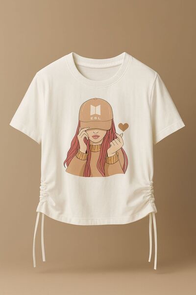 ESİLA KİDS Girl's Suit Hat Girl Printed T-Shirt and Beige Wide Leg Pants Bottom and Top Suit 6-13 Years