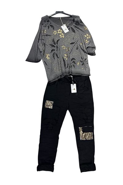 AGORATEKSTİL Women's Italian Gilded Mercerized and Full Lycra Sequin Leopard Detailed Trousers