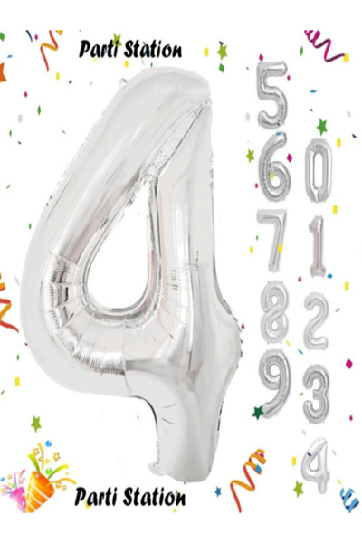 Parti Station بالون فضي اللون على شكل أرقام 4 أرقام حجم كبير 76 سم بالون هيلي...