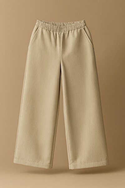 ESİLA KİDS Girl's Suit Hat Girl Printed T-Shirt and Beige Wide Leg Pants Bottom and Top Suit 6-13 Years