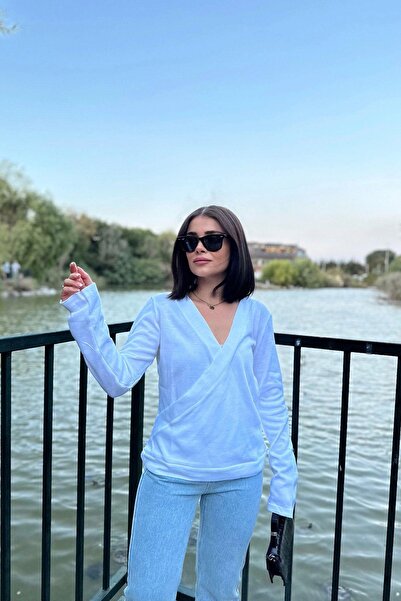 NEW LAVİVA Γυναικείο λευκό διπλό γιακά, απαλή υφή, μακρυμάνικο, πλεκτή μπλούζα