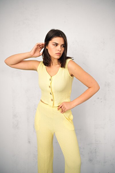 Gugus Women's Seersucker Vest Bottom/Upper Set Wide Leg High Waist Wide Leg Model