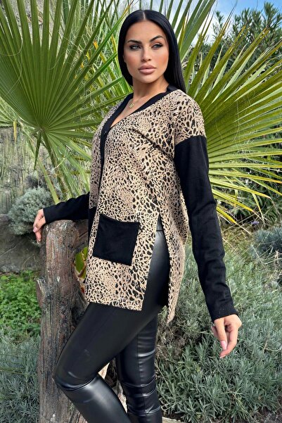 NEW LAVİVA Beige Leopard Print, Black Pocket and Sleeve Detailed Slit Knitted Cardigan