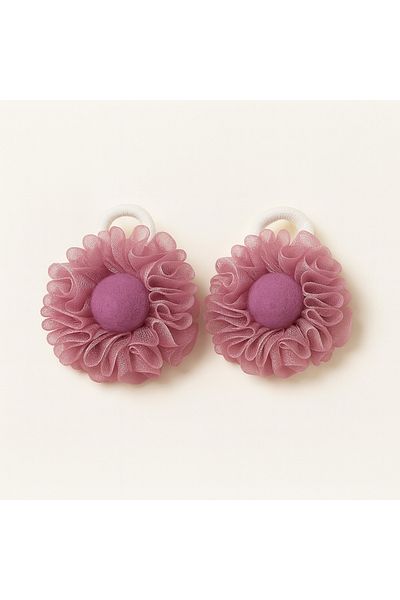 ESİLA KİDS Girl's Buckle Organza Tulle Pompom Detailed Elastic Hair Buckle Set of 2