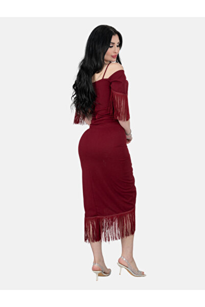 Nice Model Burgundy Off Shoulder Bodycon Midi Dress With Fringe Sleeves – Evening Party Wear For Women