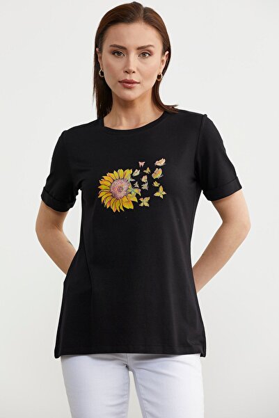 Sementa Μαύρο εμπριμέ βασικό χτενισμένο βαμβακερό μπλουζάκι