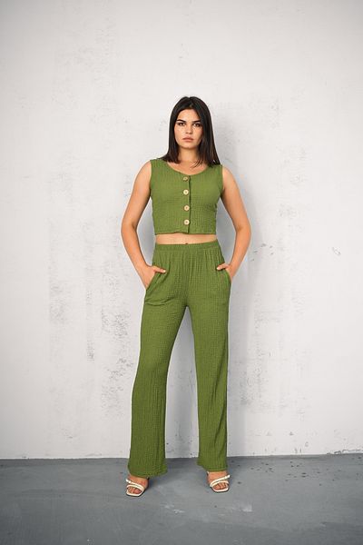 Gugus Women's Seersucker Vest Bottom/Upper Set Wide Leg High Waist Wide Leg Model