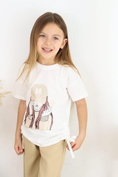 ESİLA KİDS Girl's Suit Hat Girl Printed T-Shirt and Beige Wide Leg Pants Bottom and Top Suit 6-13 Years